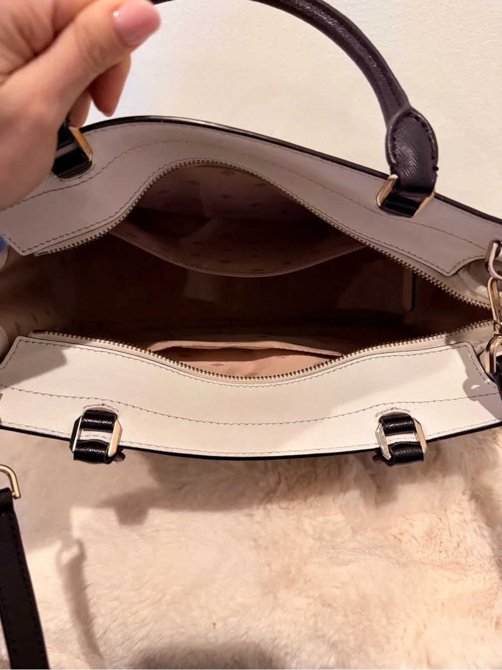kate spade Beige, White & Black Leather Satchel with Top Handle